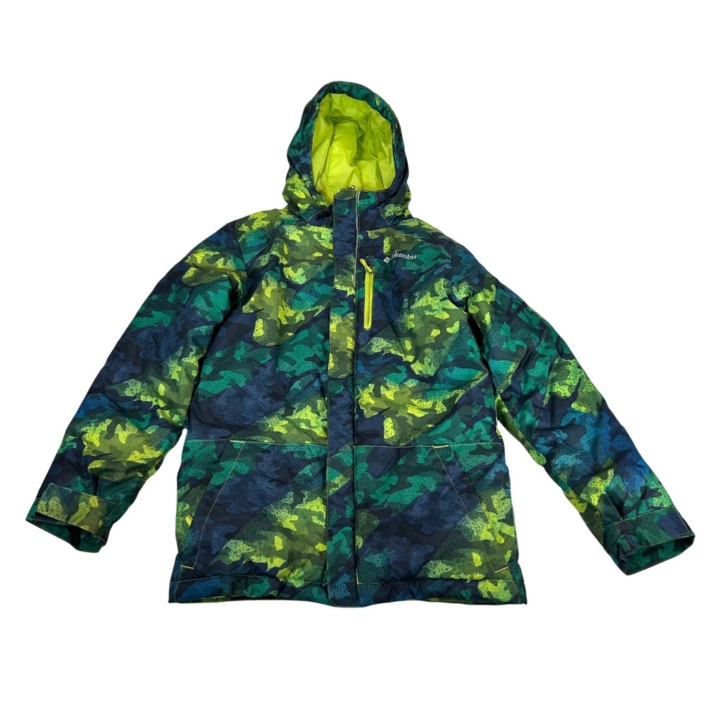 Columbia Boys Medium 10/12 Insulated Hooded Winter Jacket Green Blue Camo Puffer